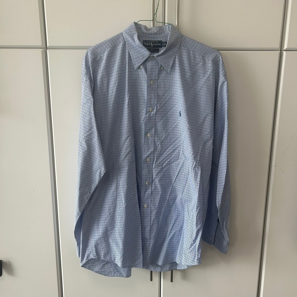 Polo Ralph Lauren Blake Shirt Mens XL Blue White Micro Check Cotton Long Sleeve